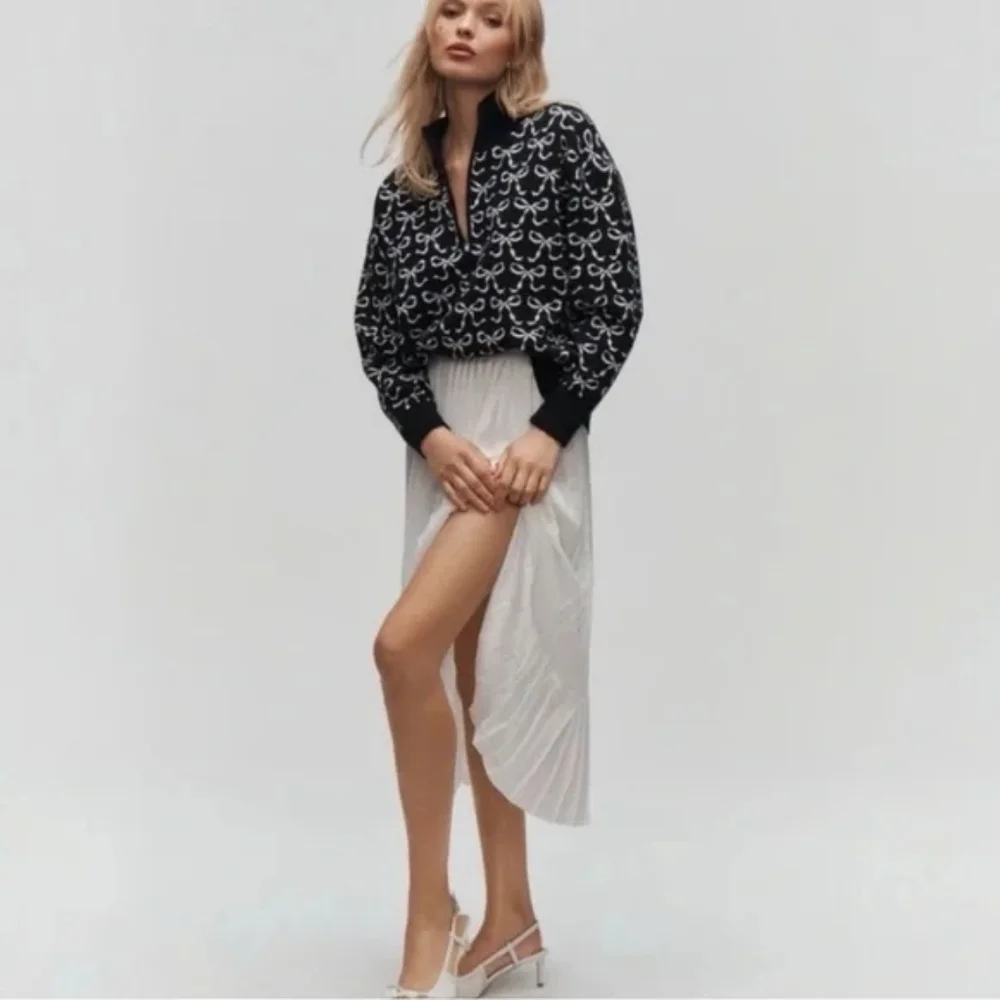 Maeve Anthropologie The Montana Mock-Neck‎ Half-Zip Sweater Black Bow Print Sz M